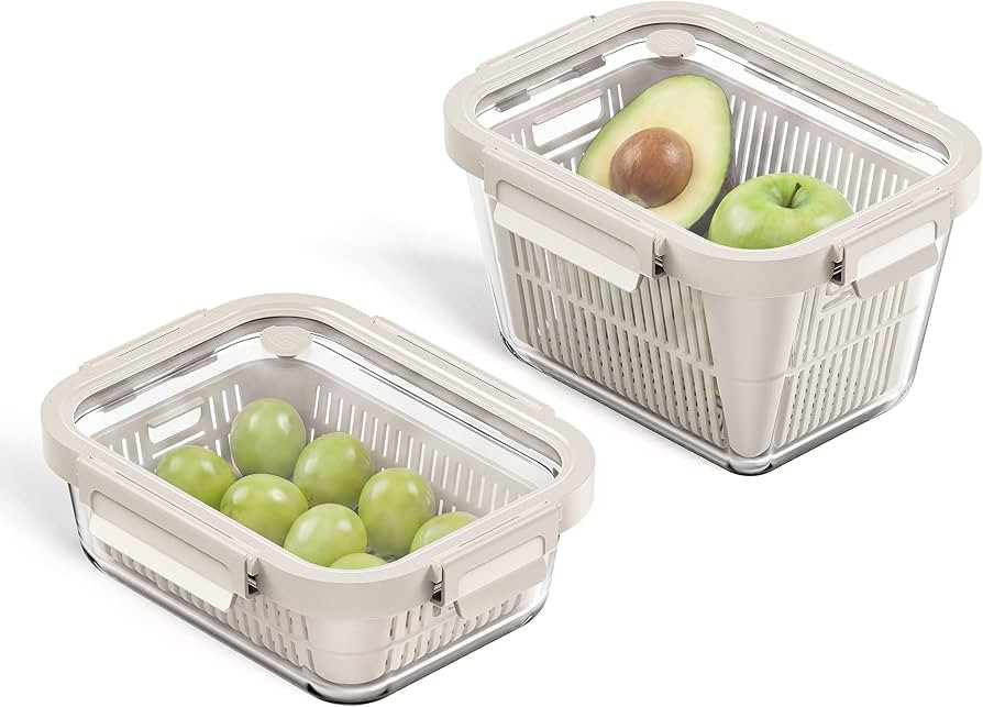 GENICOOK Glass Fruit Storage Containers for Fridge, 2 Pack Produce Containers with Removable Cola... | Amazon (US)