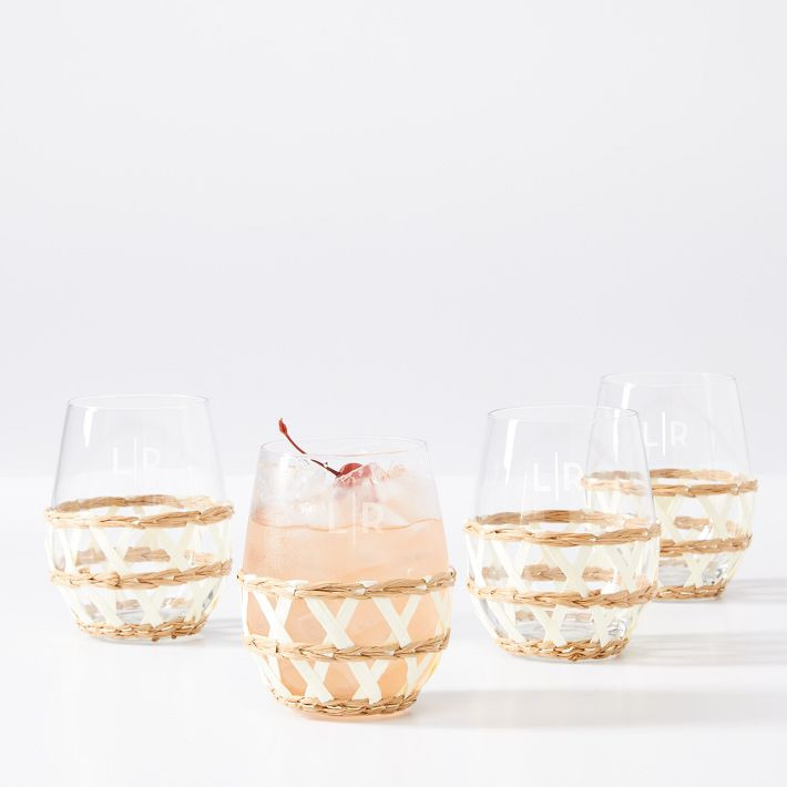 Raffia Wrapped Stemless Wine Glasses Glass, Set of 4 | Mark and Graham