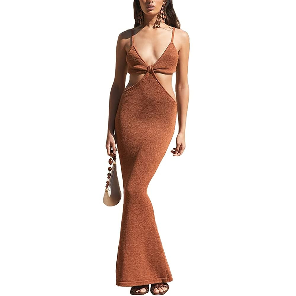 Antopmen Women Spaghetti Straps Knitted Maxi Dresses Elegant Sexy Party Cut Out Backless Bodycon ... | Amazon (US)