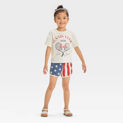 Toddler Girls' Barbie Americana Top and Bottom Shorts Set - White | Target