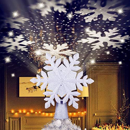 Komiikka Christmas Tree Topper Lighted with White Snowflake Projector, 3D Rotating Snowflake on C... | Amazon (US)