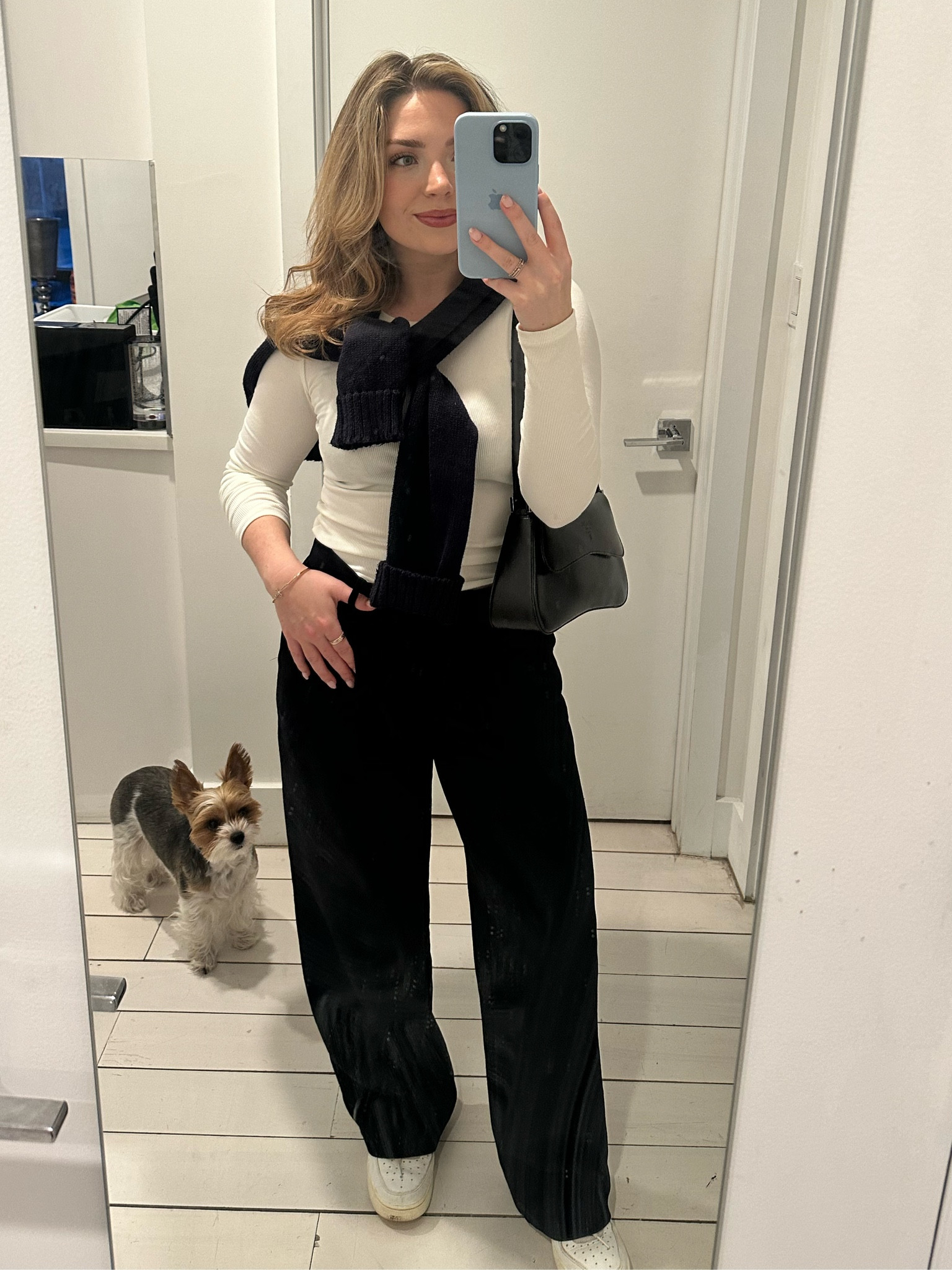 Unseasonably warm date night here in NYC! My boyfriend and I went to get some sushi at our favorite spot so I kept it simple and classic with effortless pants, white long sleeve, and a black bag!  *dog is sold separately* 🐶

#LTKstyletip #LTKSeasonal