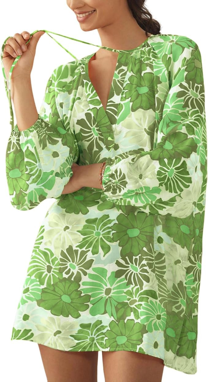 Boho Floral Tunic Dress for Women Long Sleeve Loose Fit Summer Vacation Cover Up Short Dress | Amazon (US)