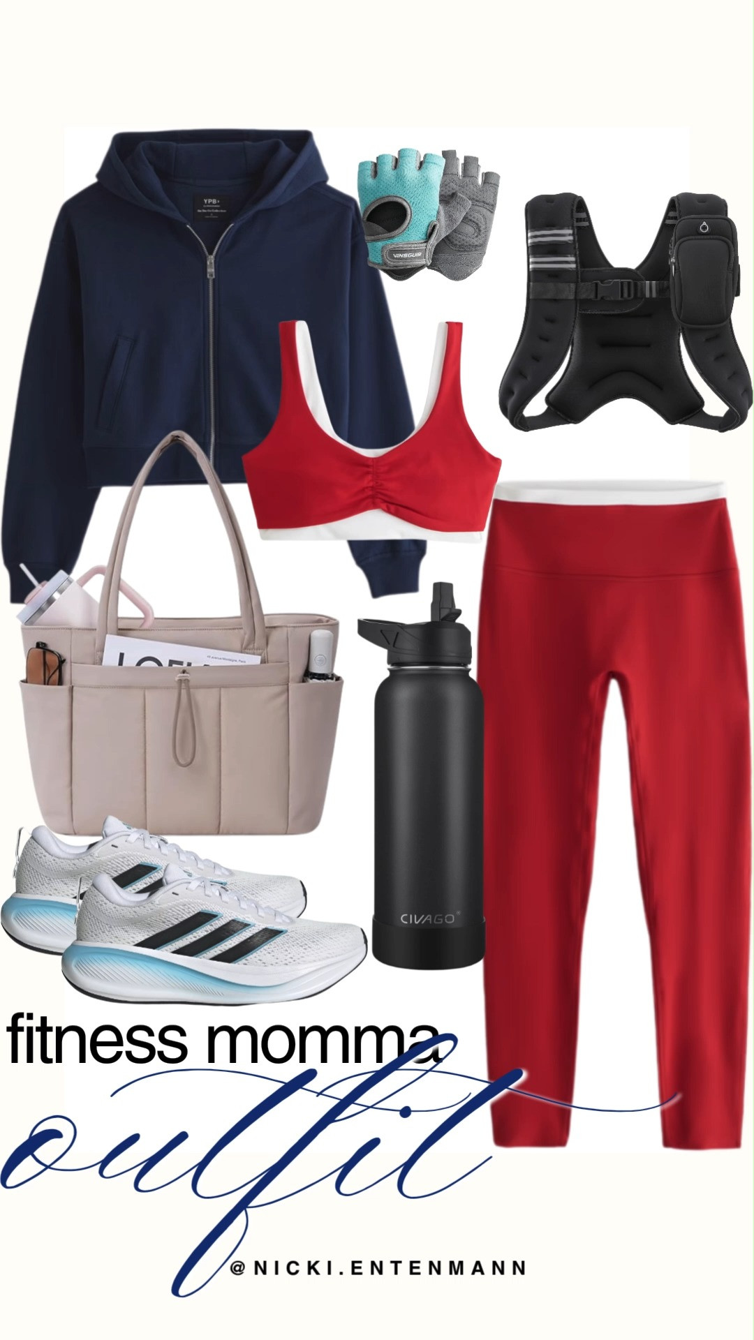 Stay active and comfortable in this vibrant look perfect for the busy fitness momma. The outfit features a striking red sports bra and matching high-waisted red leggings with a contrasting white waistband, paired with a cozy navy blue zip-up hoodie. Complete your workout gear with white Adidas sneakers, a beige utility tote bag, turquoise training gloves, a weighted vest, and a matte black Civago water bottle.

#fitnessmomma #gymootd #activewear #athleisure #momstyle #adidas #workoutgear #fitnessfashion #sportychic #gymessentials 

 #LTKootd #LTKfitnessgoals #LTKActive