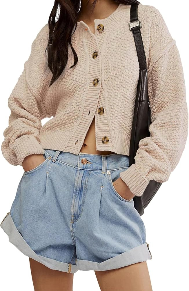 Cardigan Sweaters for Women,Long Sleeve Button Down Loose Lightweight Short Cardigan | Amazon (US)