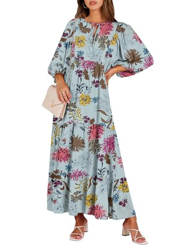 ANRABESS Womens Boho Maxi Dresses 2025 Summer V Neck Puff Sleeve Floral Flowy Swing Fall Casual Long Dress Green Floral X-Large | Amazon (US)