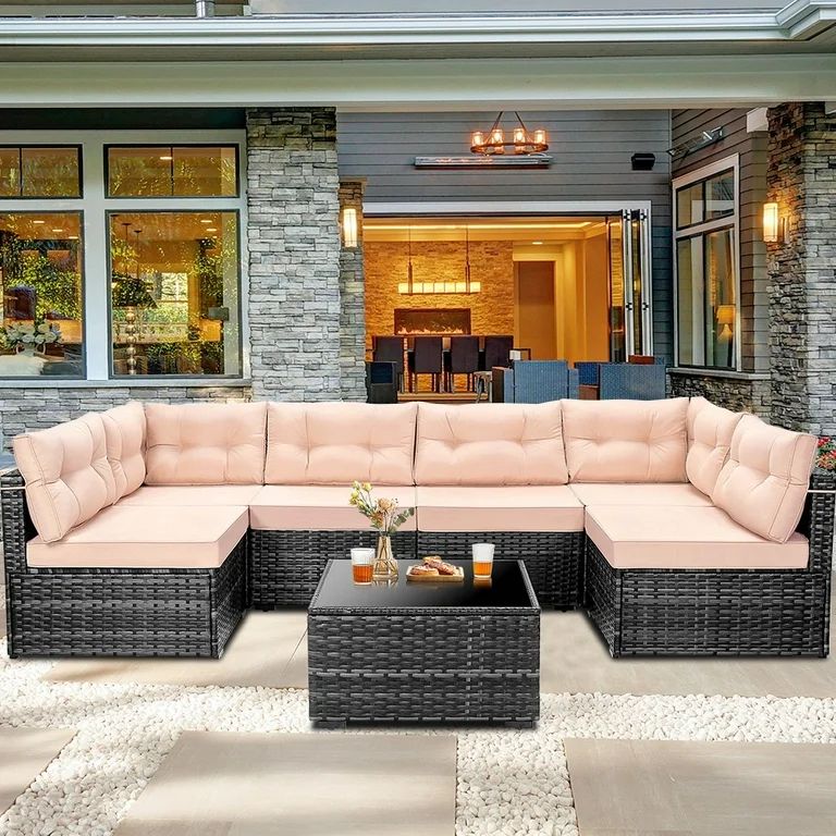 7 Piece Rattan Sectional Sofa Set, Outdoor Conversation Set, All-Weather Wicker Sectional Seating... | Walmart (US)