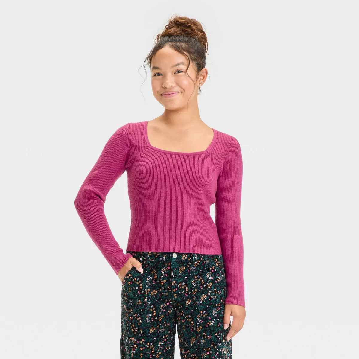 Girls' Ribbed Square Neck Sweater - art class™ | Target