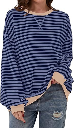 Women Oversized Striped Color Block Long Sleeve Crew Neck Sweatshirt Casual Loose Pullover Y2K Sh... | Amazon (US)