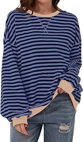 Women Oversized Striped Color Block Long Sleeve Crew Neck Sweatshirt Casual Loose Pullover Y2K Sh... | Amazon (US)