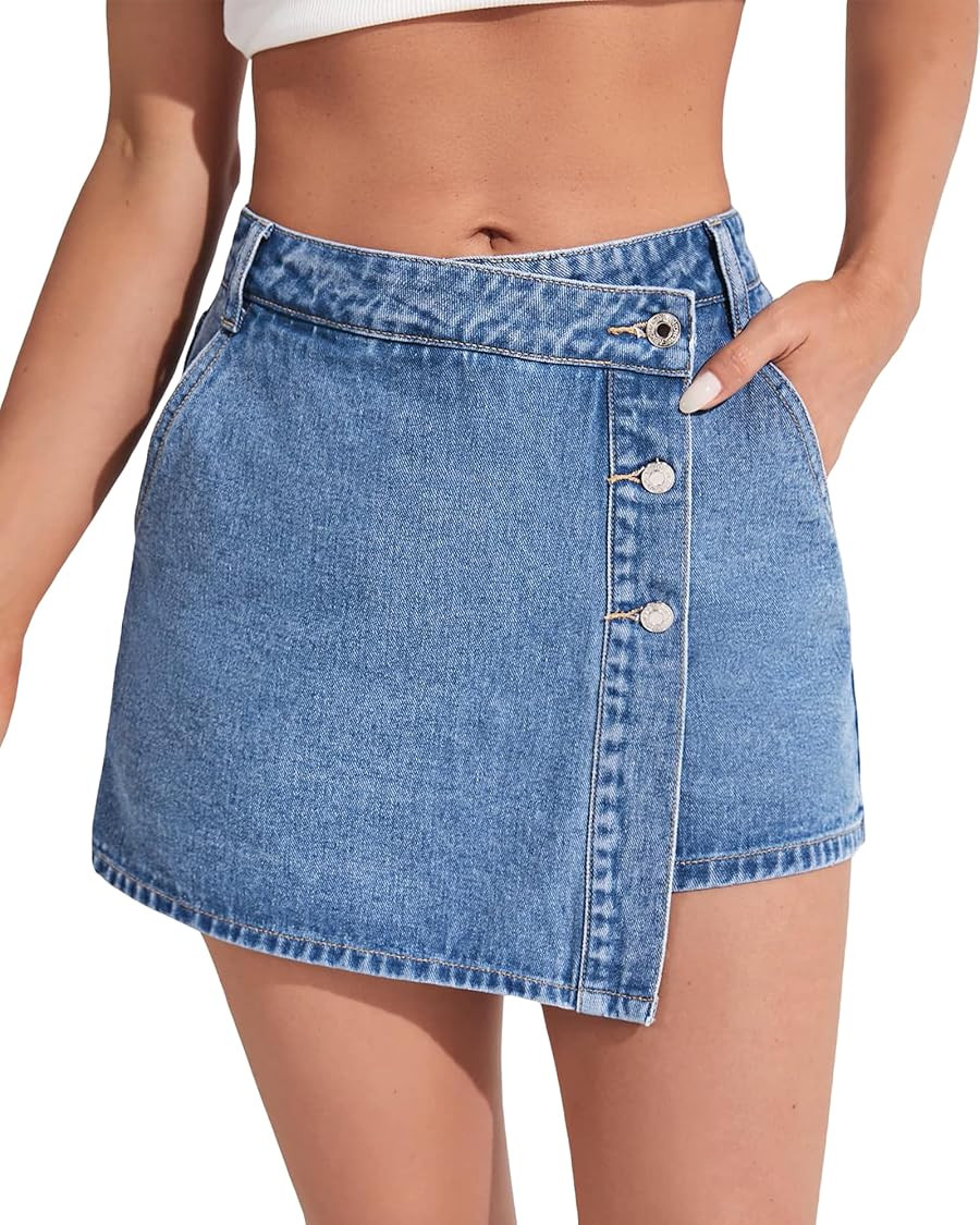 Denim Shorts Women Casual High Waisted Solid Button Up Asymmetrical Denim Jean Skort Skirt Mini S... | Amazon (US)