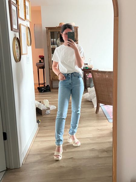 Spring outfit, neutral outfit, white tee, Levi’s wedgie, dolce vita, platform sandals, tee and jeans, petite, cos, over 30

Size 23 I’m 5’1”

Spring outfit 

#LTKshoecrush #LTKstyletip #LTKfindsunder100