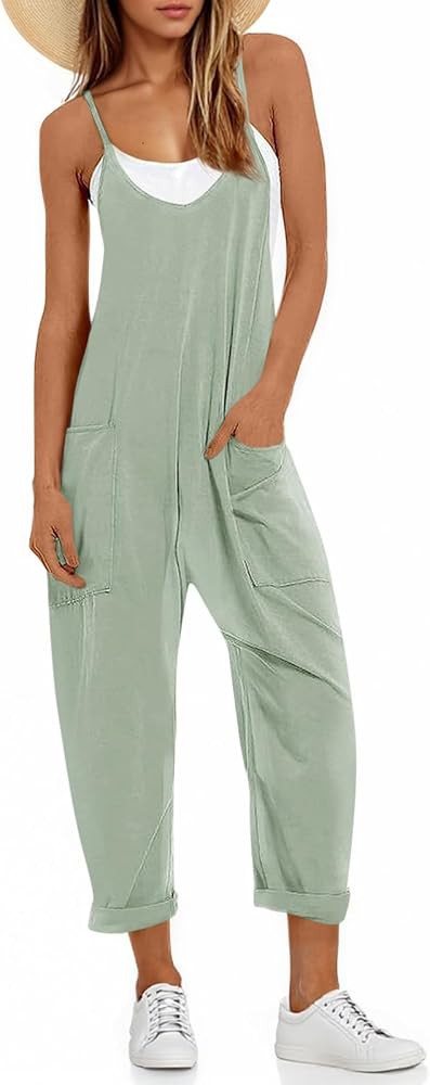 Fisoew Women's Summer Sleeveless Loose Casual V Neck Jumpsuits Spaghetti Strap Long Pants Baggy O... | Amazon (US)