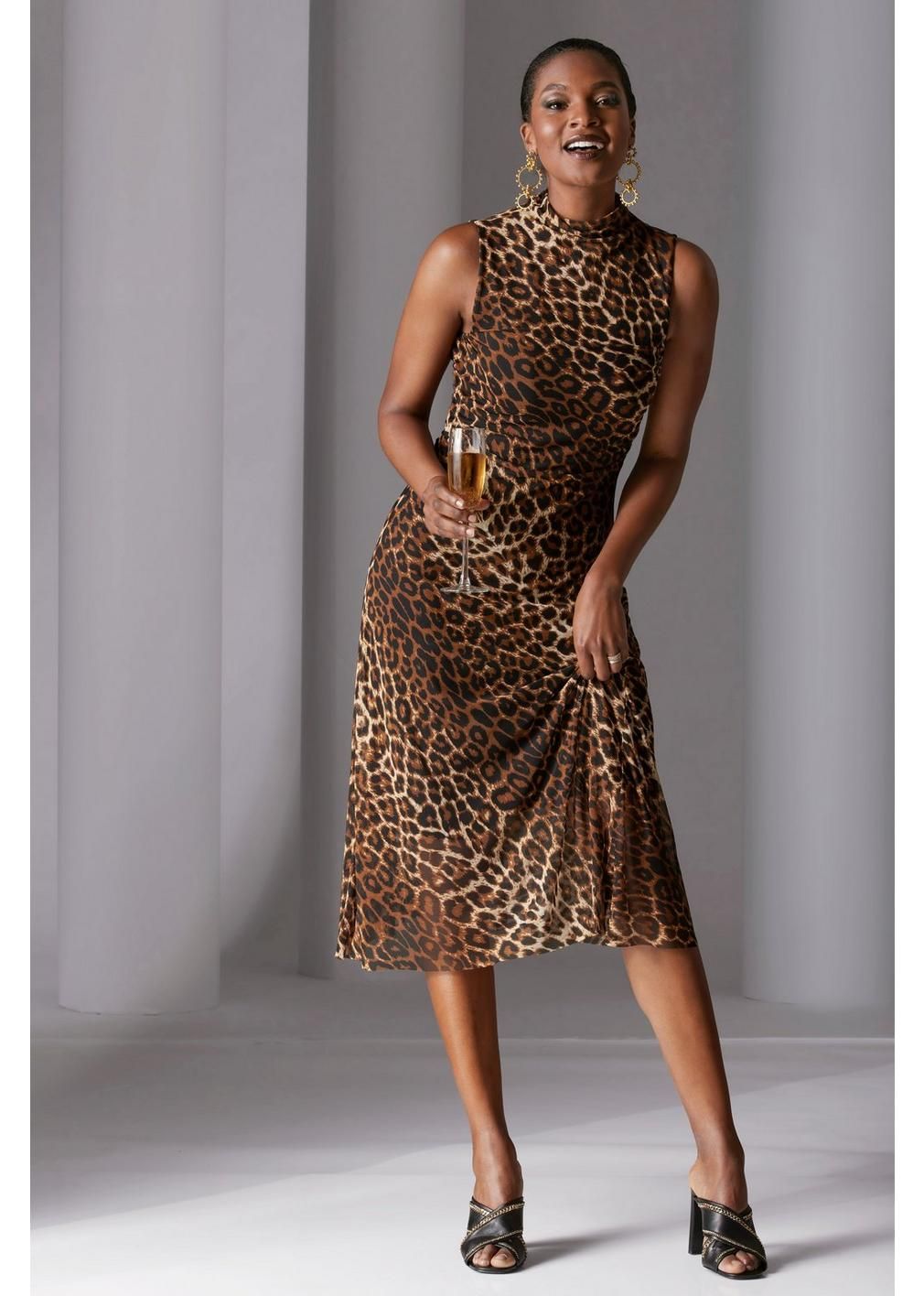 Mock-Neck Animal Print Mesh Ruched Dress | Boston Proper