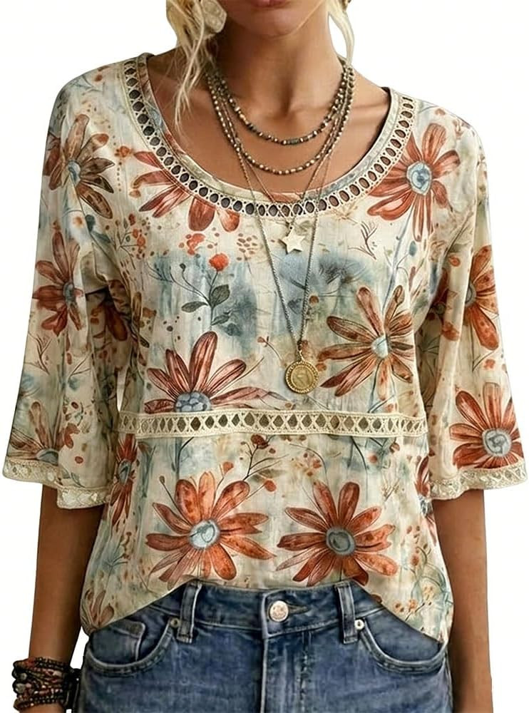 Women's Vintage Floral Print Hollow Out Top Round Neck Half Sleeve Casual Boho Blouse | Amazon (US)