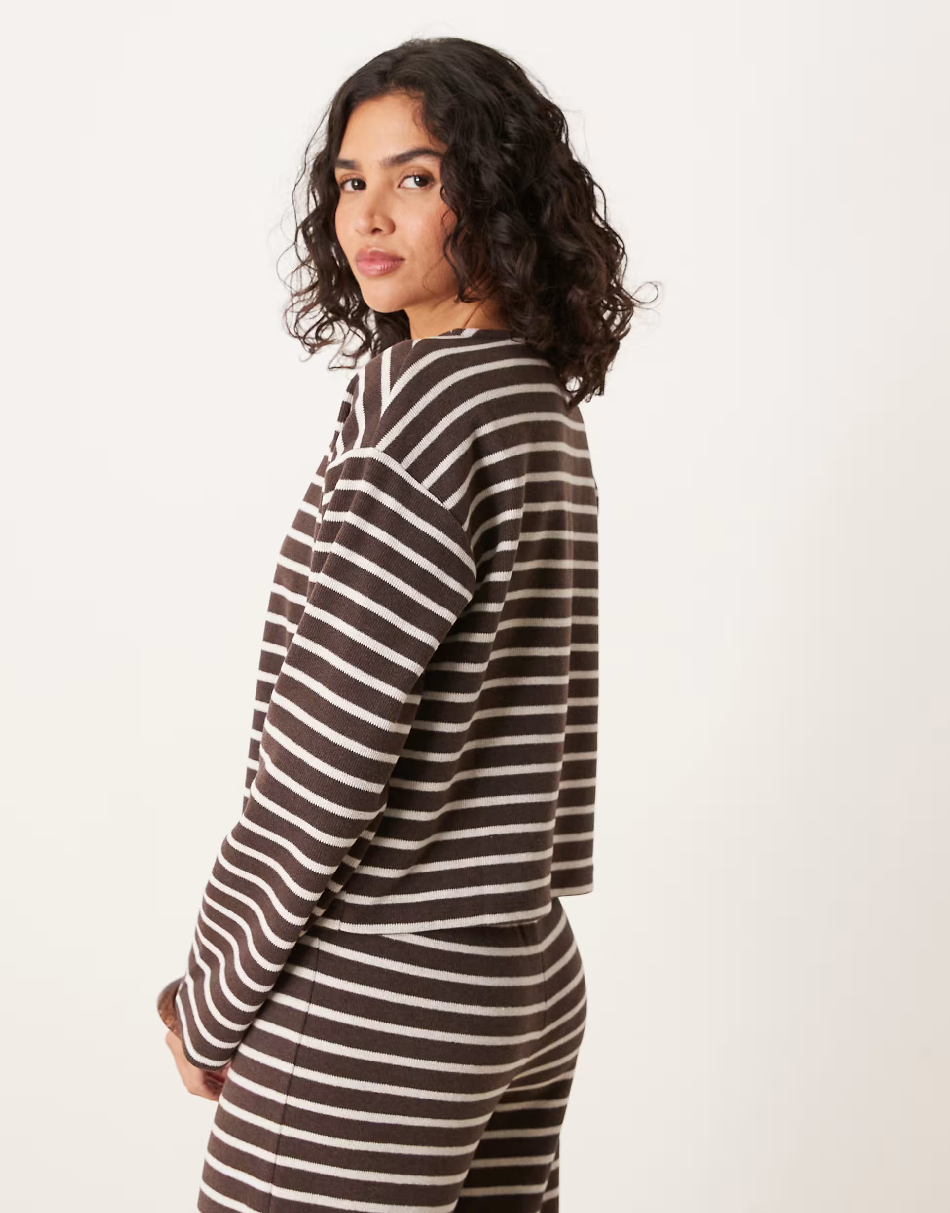 ASOS DESIGN brushed stripe button through long sleeve co ord top in chocolate | ASOS | ASOS (Global)