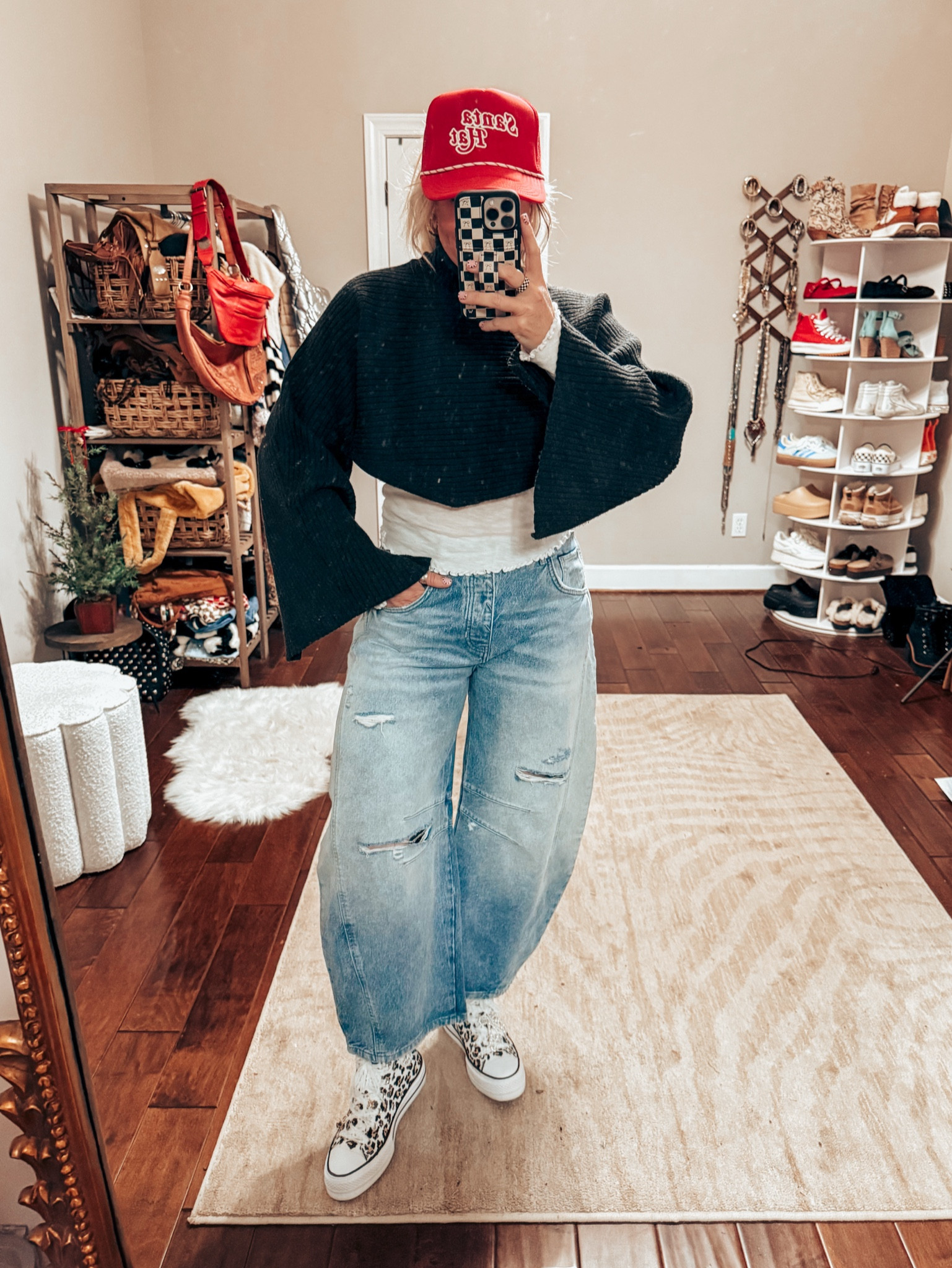 Ballgame fit ♥️🏀
Bolero sweater - last year ( linked similar)
White long sleeve tee - small
Jeans - sized down one
Leopard converse - sized down 
Trucker hat - last year 


#LTKOver40 #LTKHoliday #LTKShoeCrush