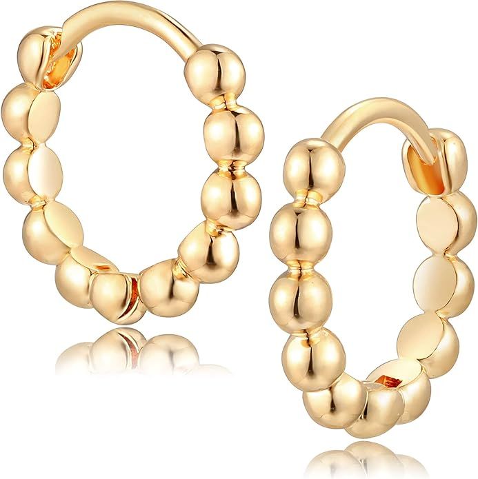 Fettero Women Gold Huggie Hoop Earrings 14K Gold Plated Small Hoop Earrings Beaded Hoop Earrings ... | Amazon (US)