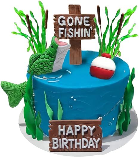 Fishing Cake Topper Gone fishing Cake with Bass Reed Happy Birthday Sign | Amazon (US)