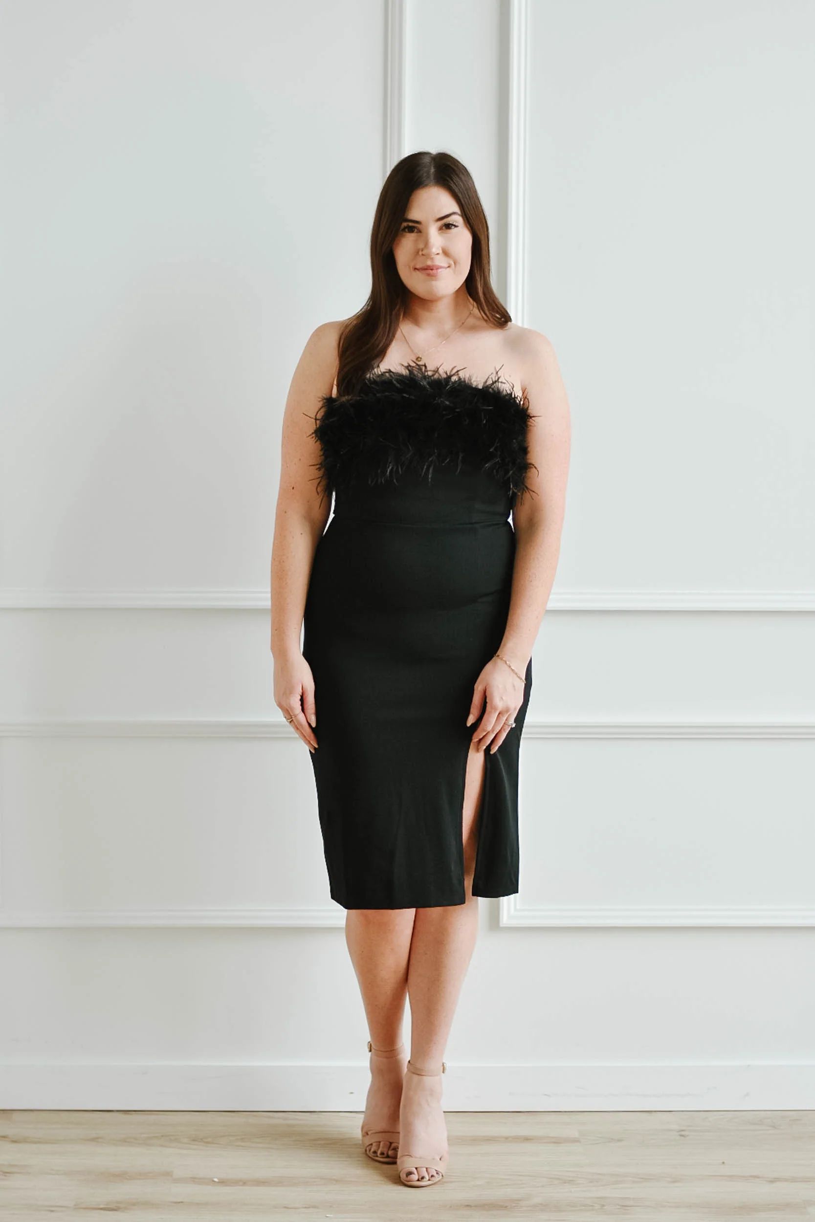 Feather Trimmed Strapless Midi | Mad About Style Boutique