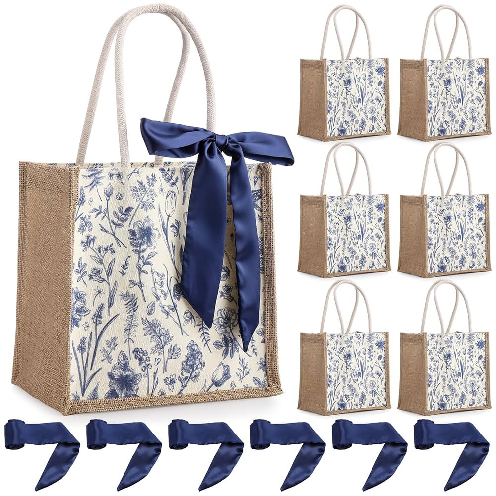 Paterr 6 Pack Bridesmaid Gift Bags with Handles Reusable Jute Tote Burlap Bags with Blue Chinoise... | Amazon (US)