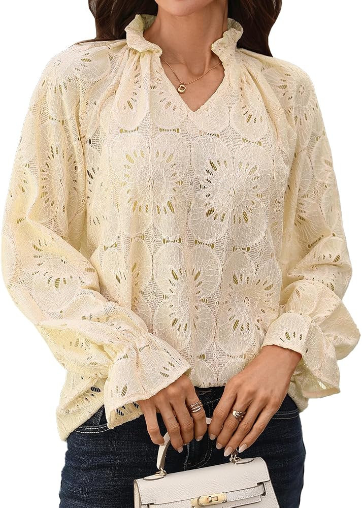 Women's Long Sleeve Blouse V Neck Floral Eyelet Boho Top | Amazon (US)