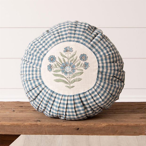 Round Pleated Floral And Checkered Pillow | Antique Farm House
