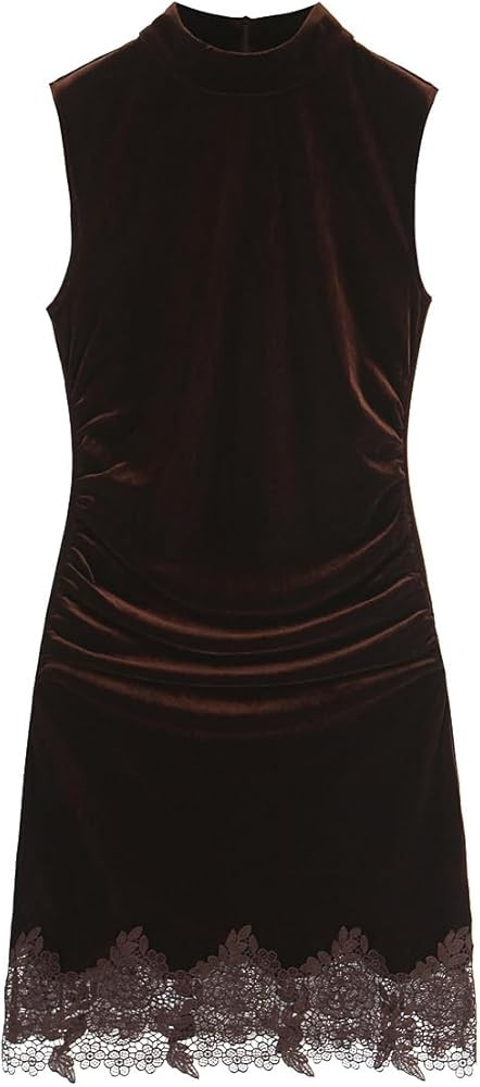 efvandoloe Women Brown Velvet Ruched Slim Dress Sleeveless Lace Spliced Hem Mini Dresses | Amazon (US)