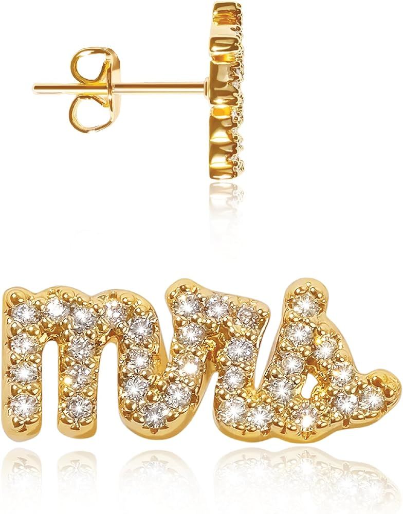 Benevolence LA Mrs Earrings | 14K Gold Stud Earrings | Mrs Gifts Earrings | Engagements Gifts for... | Amazon (US)