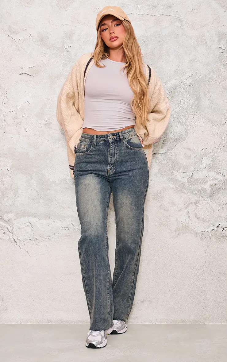 Indigo Vintage Wash Indigo Vintage Wash Frayed Hem Wide Leg Jeans | PrettyLittleThing USA | PrettyLittleThing US