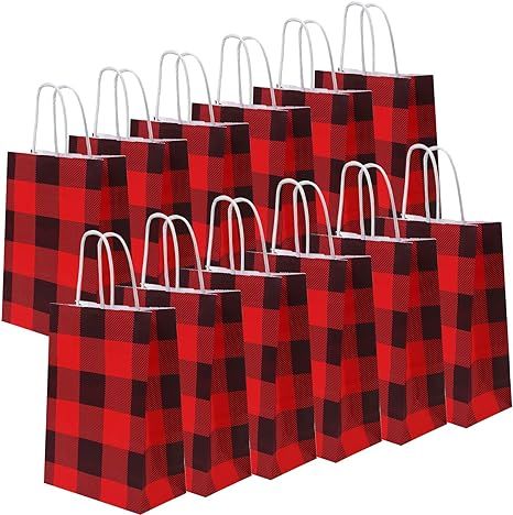 Cooraby 20 Pieces Red and Black Plaid Paper Party Bags Gift Bag Christmas Bag Birthday Kraft Part... | Amazon (US)