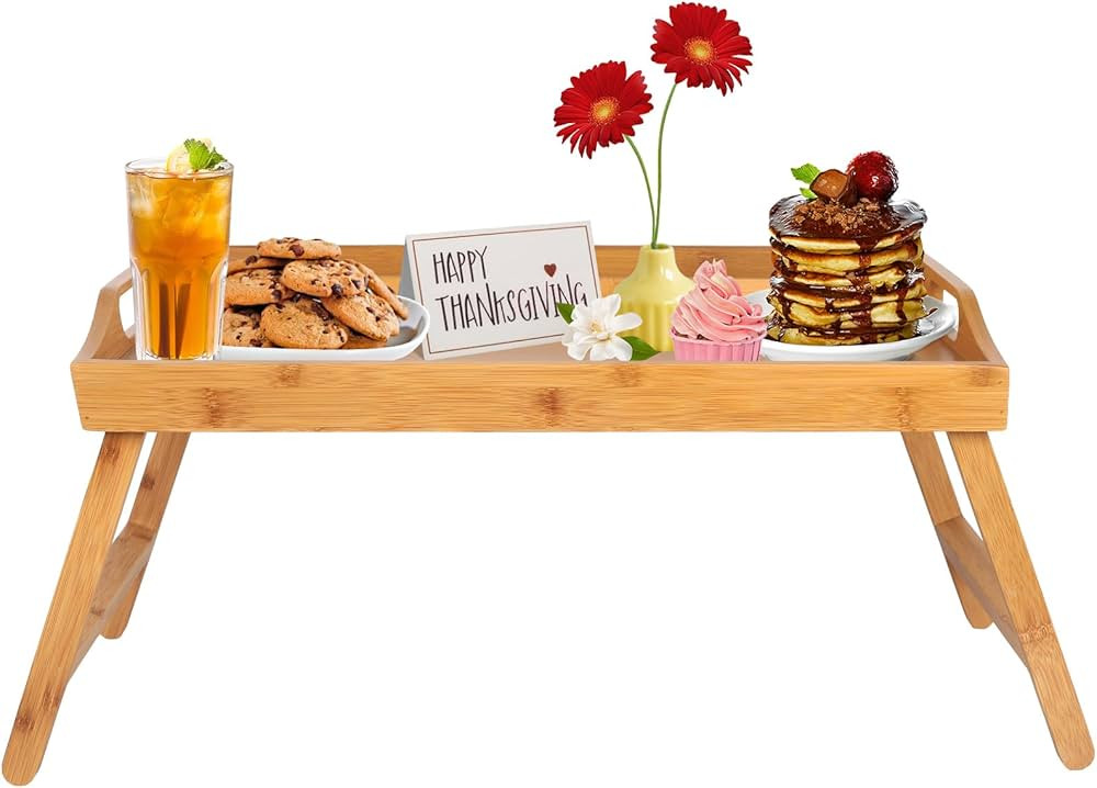 Bed Tray Table with Handles Folding Legs,Bamboo Breakfast Food Tray with Media Slot,Use As Platte... | Amazon (US)