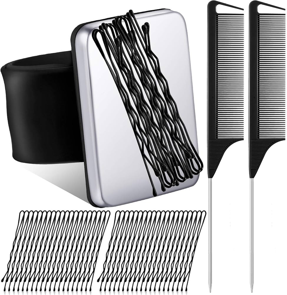 Magnetic Silicone Wrist Strap Bracelet Magnetic Bobby Pin Hair Clips Bracelet Magnetic Wrist Sewing Pincushion with 2 Hair Parting Comb, 72 Pieces Hairpins for Quilting Sewing Pin Hair Clip (Black) | Amazon (US)