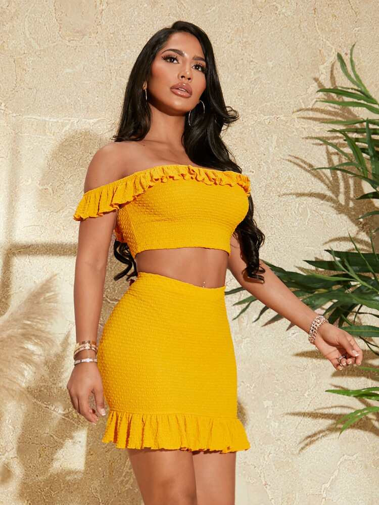SHEIN SXY Off Shoulder Ruffle Trim Top & Bodycon Skirt | SHEIN