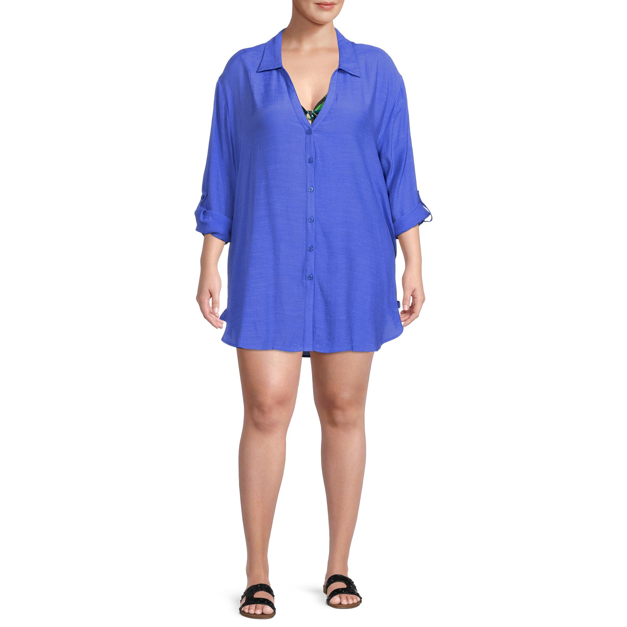 Time and Tru Women's and Women's Plus Size Button Front Cover-Up Shirt | Walmart (US)
