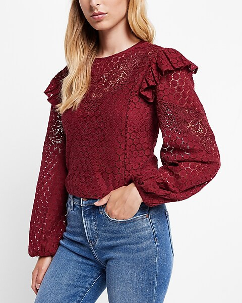 Lace Long Sleeve Ruffle Shoulder Top | Express