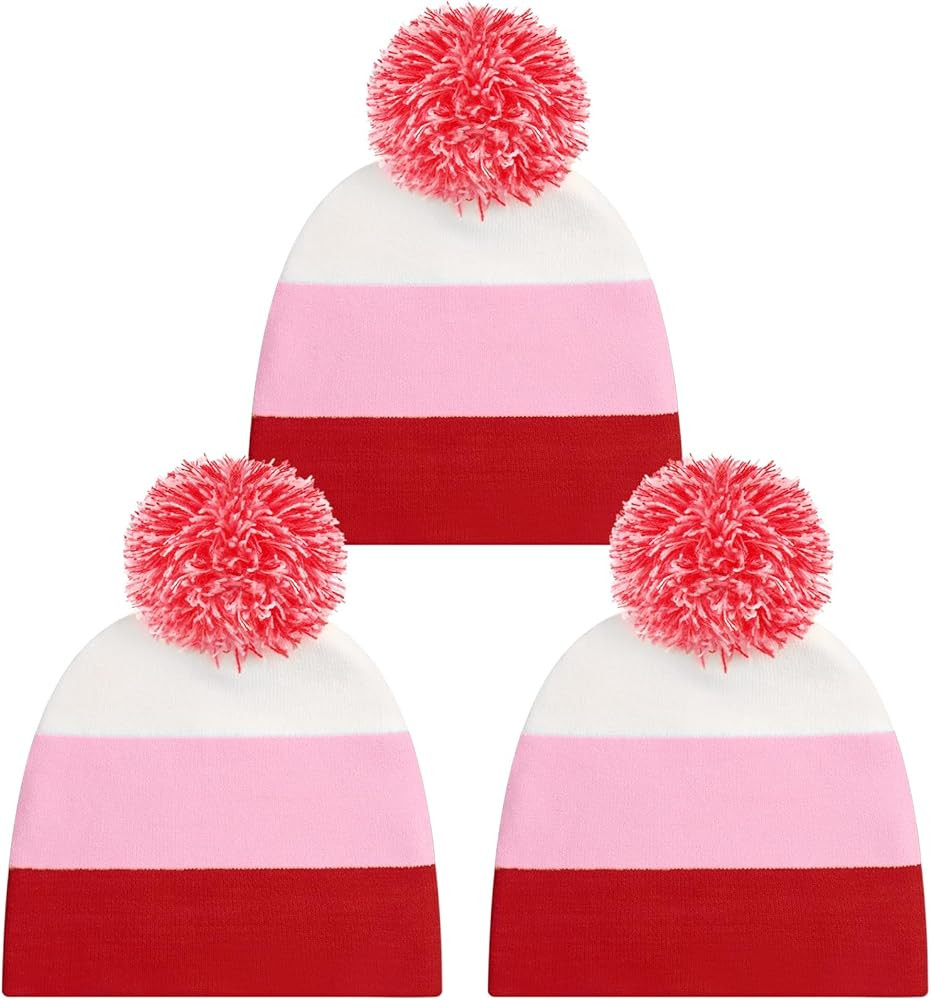 3 Pcs Valentine's Day Beanie Hats Winter Red Pink Hat Knit Holiday Warm Ski Cap for Women Adult V... | Amazon (US)