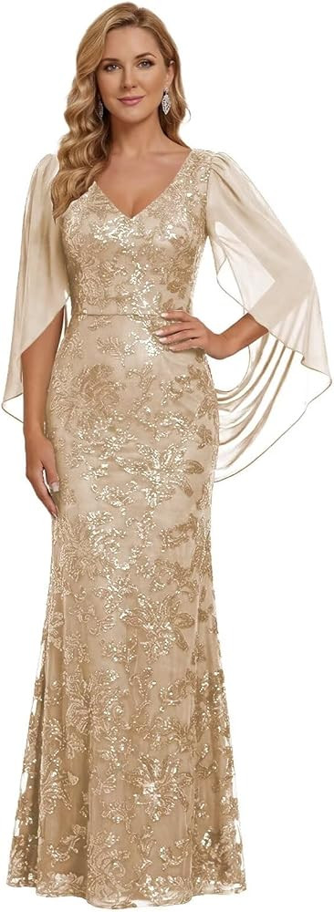 Sequin Mother of The Bride Dresses V Neck Mermaid Long Formal Evening Gowns with Cape Sleeves IMR039 | Amazon (US)