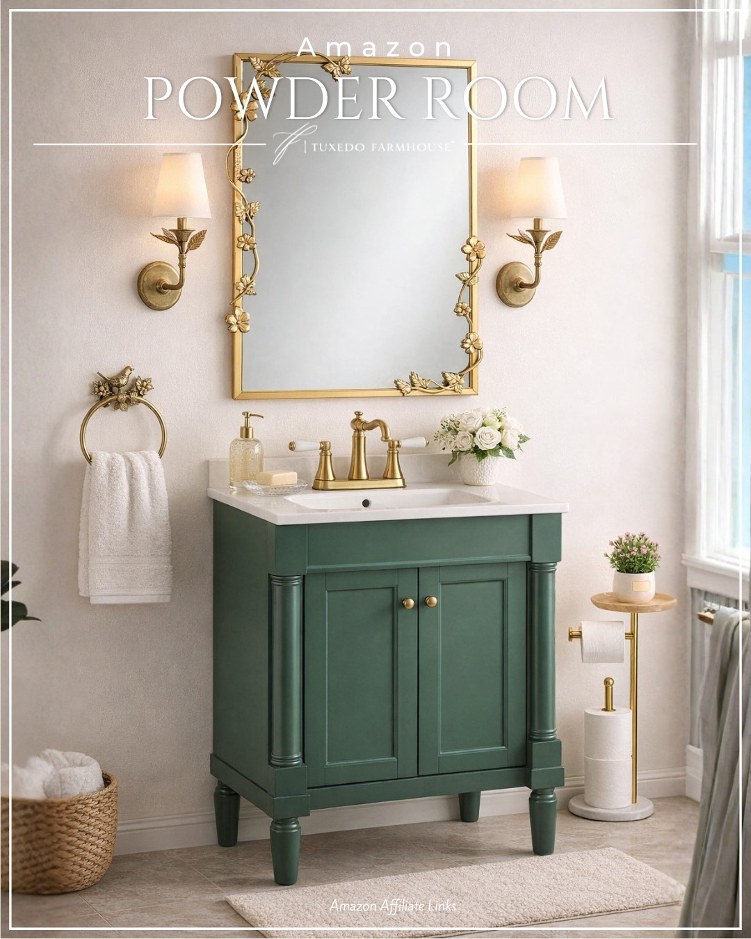 This powder room is proof that small spaces can make the biggest statement. The rich green vanity paired with warm brass accents creates the perfect balance of classic and elevated, while the delicate details (hello floral mirror + sconces!) add that soft, feminine touch 🌿

Simple, timeless, and beautifully styled—this is how you make everyday spaces feel special ✨

#LTKhome #bathroominspo #powderroom #amazonhome #classicdecor #neutralhome #homedecor 

 