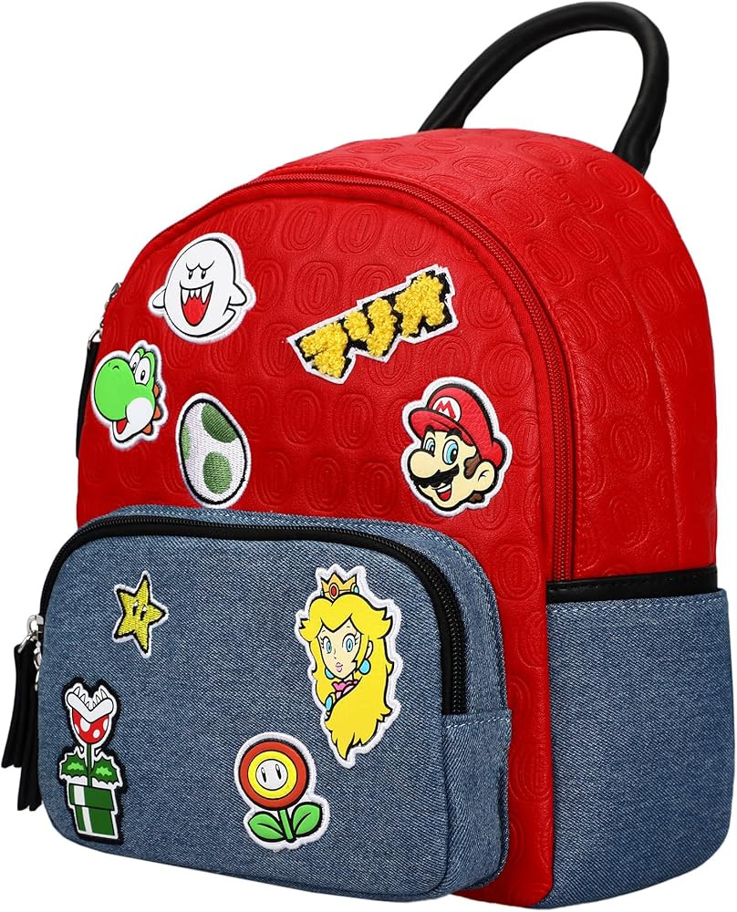 Super Mario Icon Patches red and Blue denim tone Embossed Mini Backpack | Amazon (US)