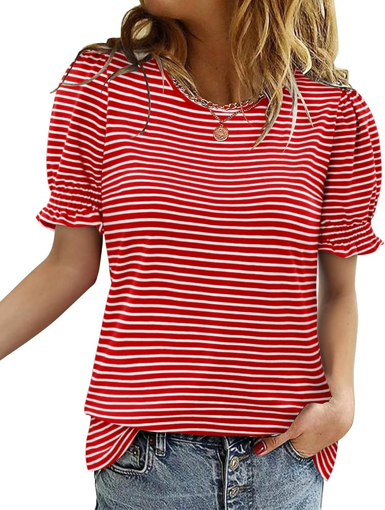 CRAZY GRID Women's Summer Tops Ruffle Short Sleeve 2026 Casual Knit Loose Fit T-Shirt | Amazon (US)