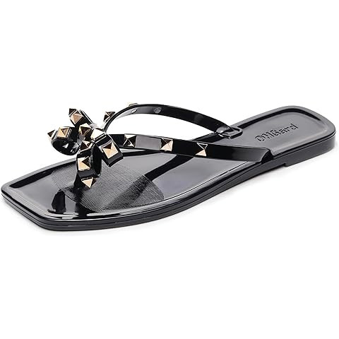 Studded Jelly Shoes for Womens Bow Flip Flops Jellies Sandals Flat Black Summer Beach Thong with ... | Amazon (US)