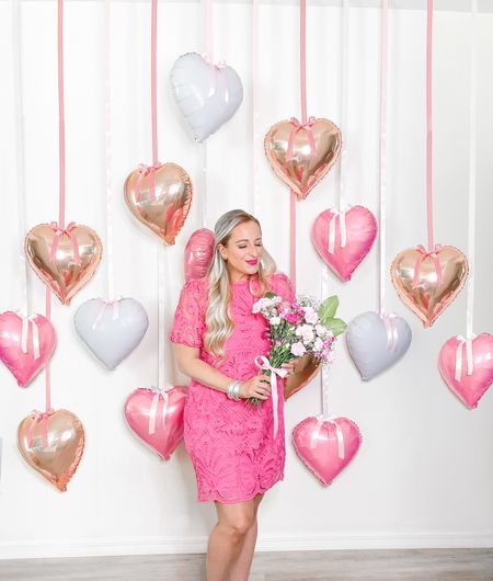 Pink lace dress, silver bracelet stack, heart earrings and heart ballon’s.
Valentine’s outfit🩷

#LTKhome #LTKparties #LTKSeasonal