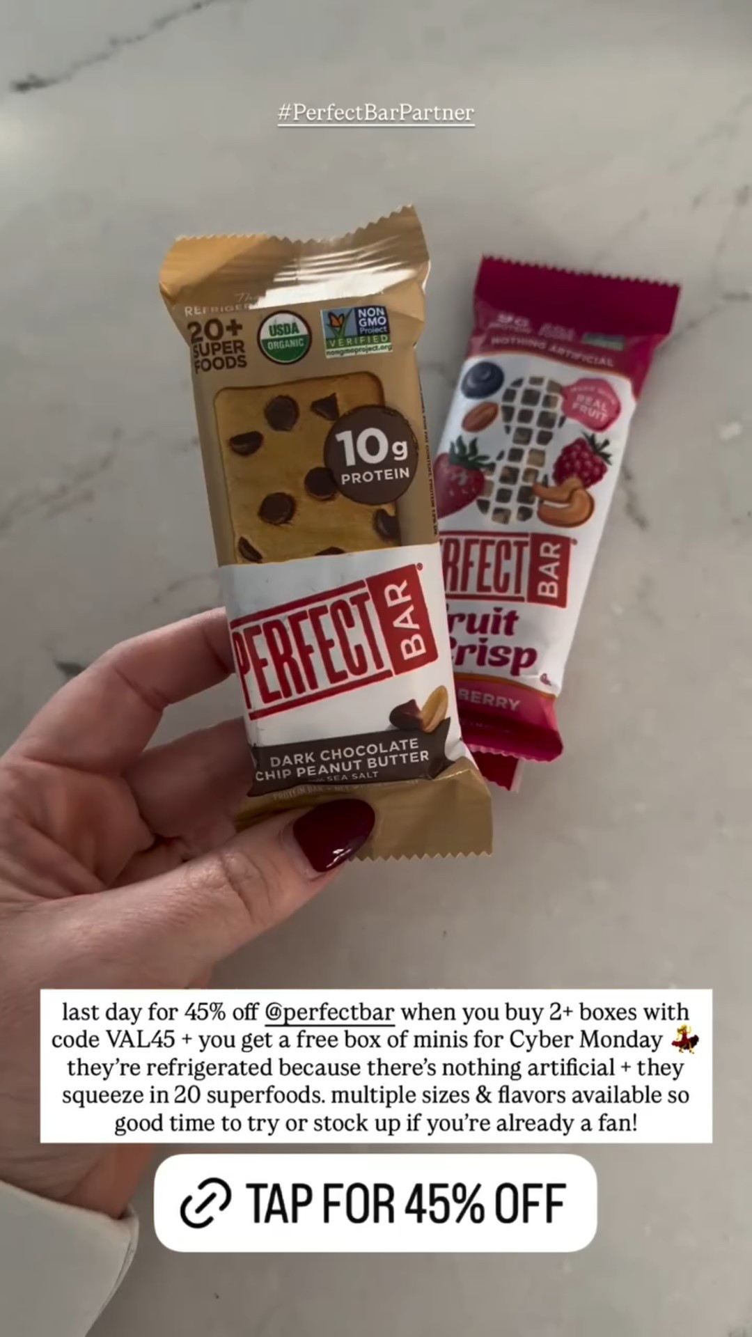 #PerfectBarPartner  last day for 45% off @perfectbar when you buy 2+ boxes with code VAL45 + you get a free box of minis for Cyber Monday 💃 they’re refrigerated because there’s nothing artificial + they squeeze in 20 superfoods. multiple sizes & flavors available so good time to try or stock up if you’re already a fan!

#LTKSaleAlert #LTKfoodie #LTKCyberWeek