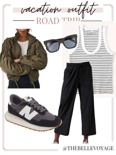 Sporty and chic road trip outfit for your summer vacation!  Striped tank top, black wide leg pants, new balance 237 sneakers, free people jacket.  #traveloutfit

#LTKstyletip #LTKtravel #LTKSeasonal