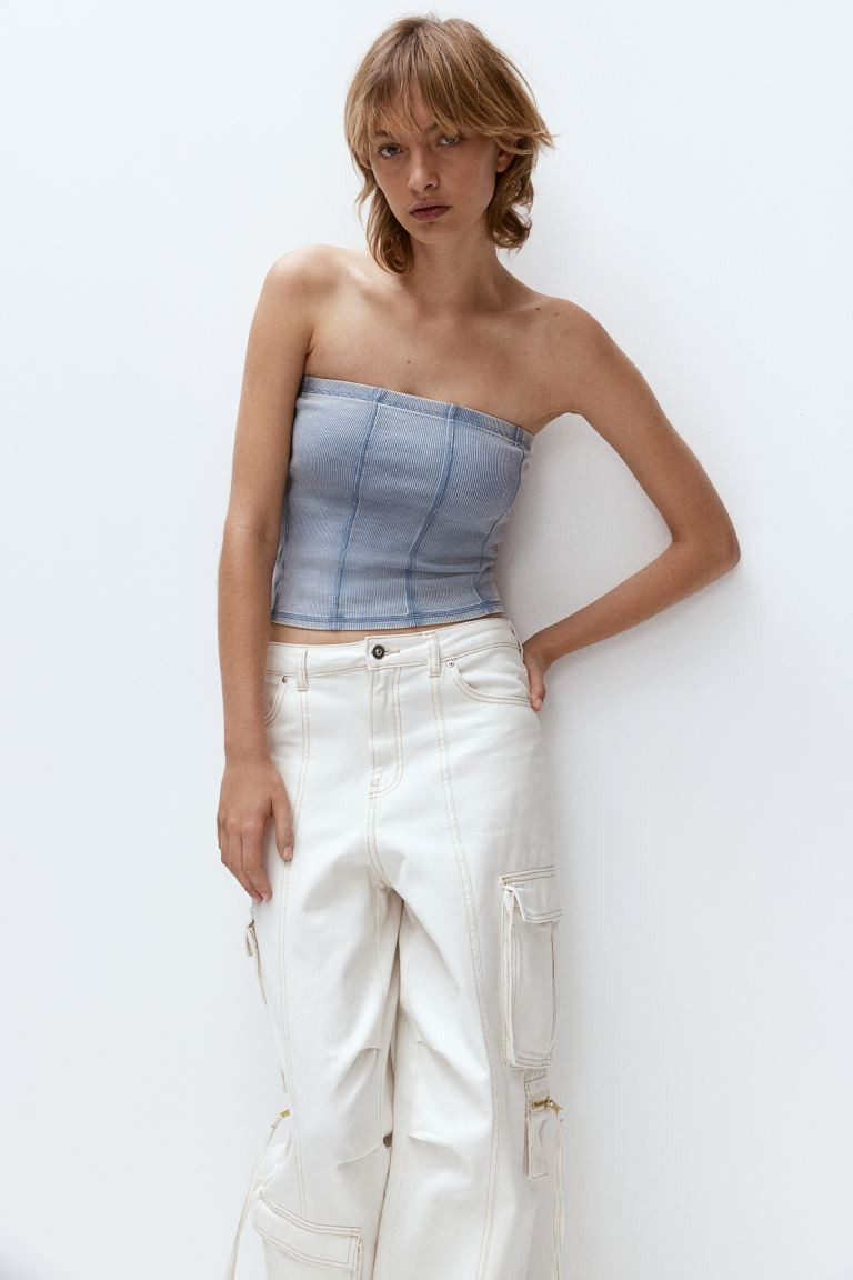 Flatlock-seam ribbed tube top - Sleeveless - Short - Turquoise/Washed - Ladies | H&M GB | H&M (UK, MY, IN, SG, PH, TW, HK)