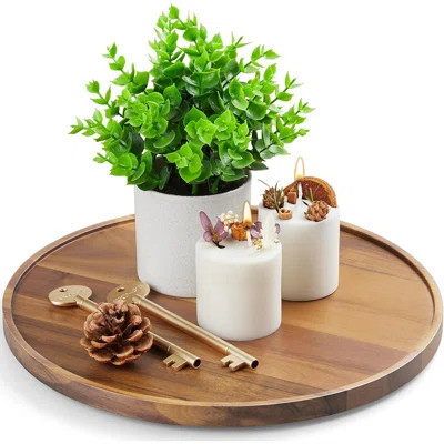 Acacia Wood Round Tray, Decorative Wooden Serving Tray And Centerpiece For Coffee Table, Farmhouse Kitchen, And Home Decor | Wayfair North America