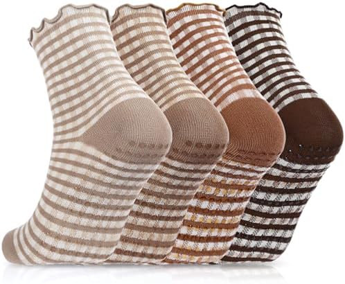 4 Pairs Ruffle Pilates Grippy Socks, Cute Gingham Non Slip Ankle Yoga Socks for Women Dance Gym E... | Amazon (US)
