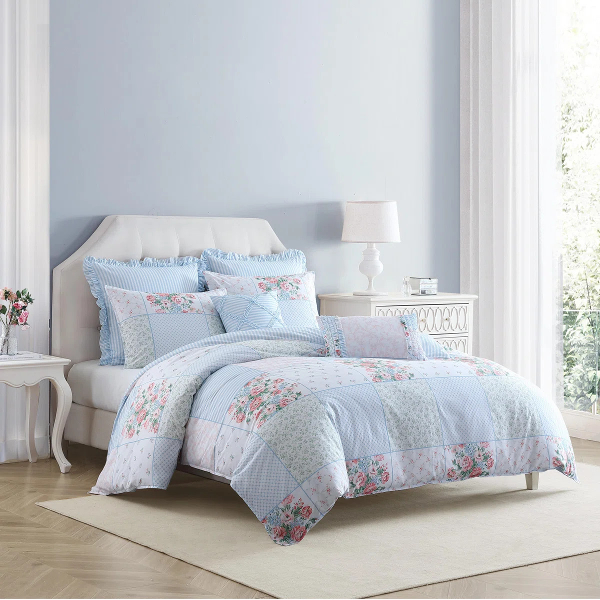 Laura Ashley Hope Patchwork Blue Cotton Reversible Comforter Set | Wayfair North America