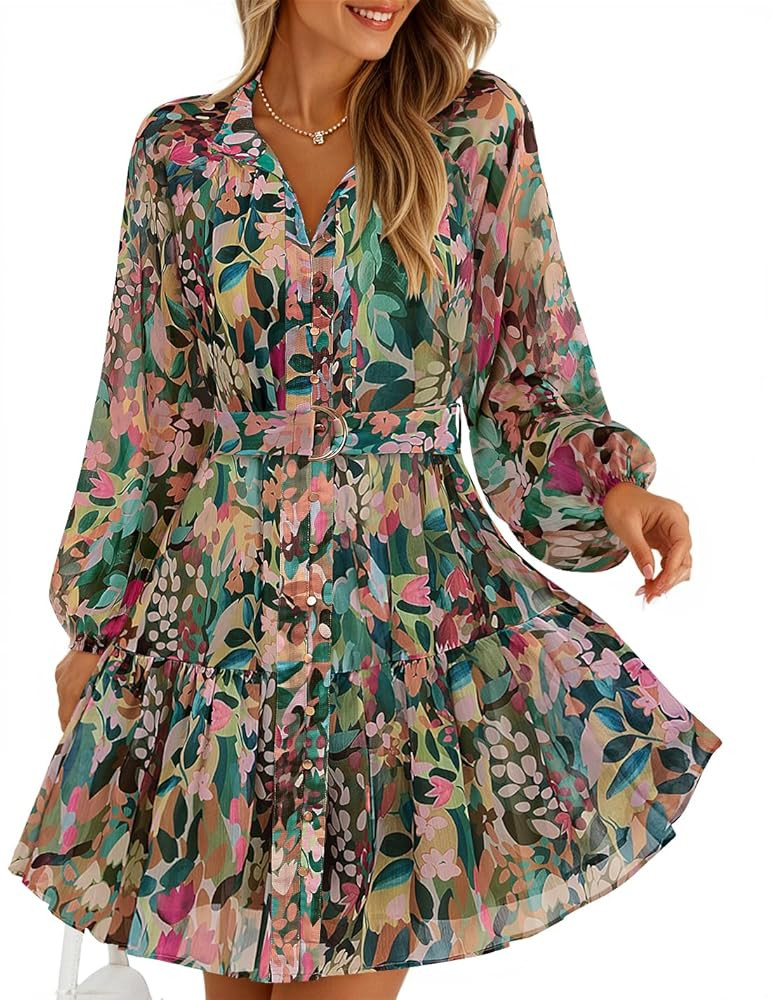 ZESICA Womens Fall Floral Mini Dress 2025 Long Sleeve Button Down Chiffon A Line Flowy Short Shir... | Amazon (US)